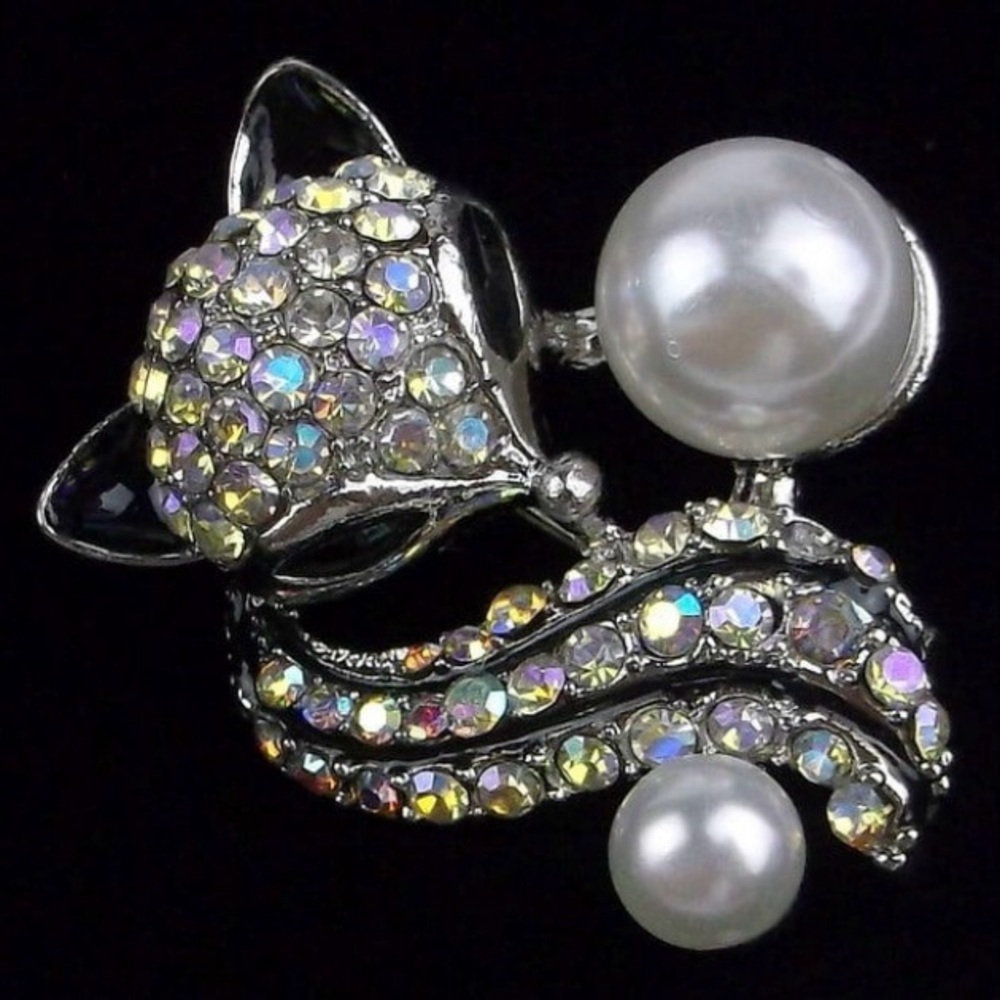 Enameled AB Rhinestone & Faux Pearl Fox Brooch
